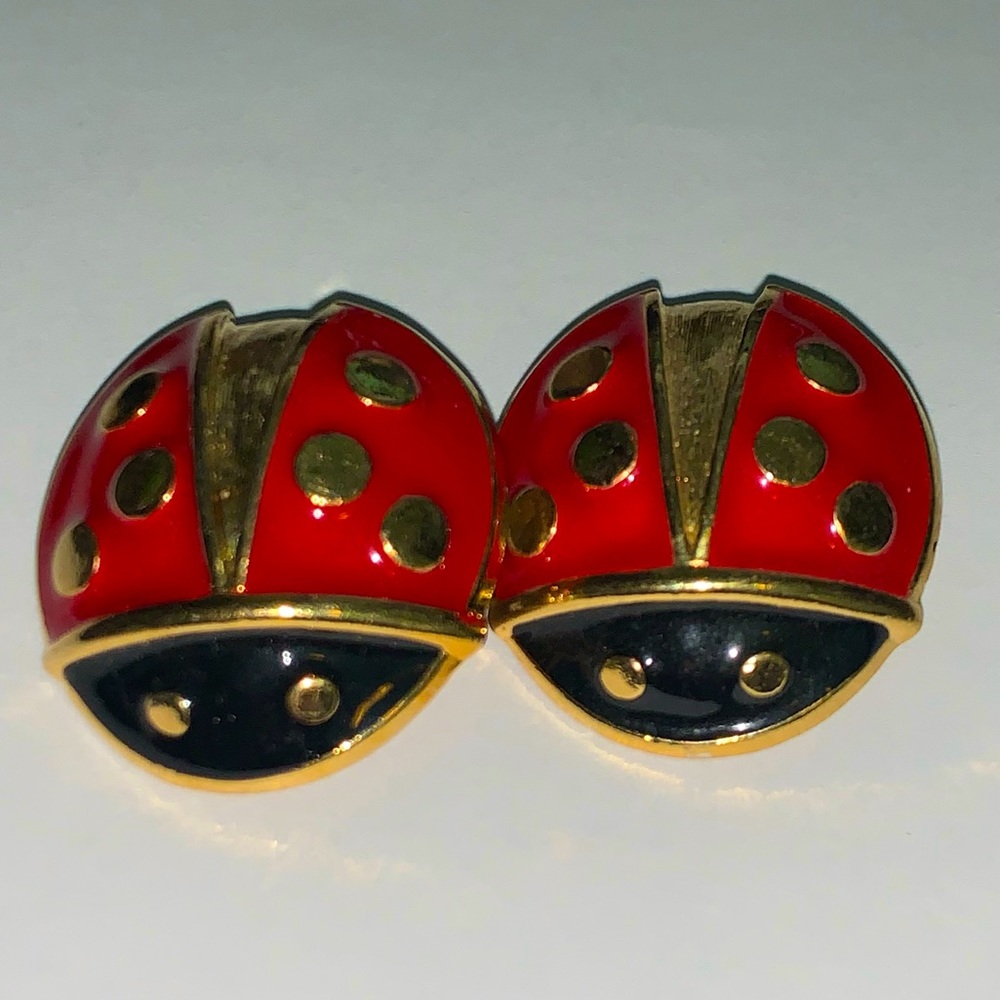Vintage Ladybug Clip On Enamel Earrings Gold Tone Red And Black pair.